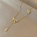 Elegant gold bow necklace with sparkling zircon butterfly pendant and Y-shaped chain - Y-Shaped Double Bow Necklace Style (X833金) / Gold