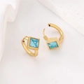 Modern 18k gold plated stainless steel hoop earrings with square blue zircon stones - Gold / Blue Rhinestone
