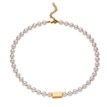Minimalist 18k gold plated pearl necklace with rectangular metal piece on white background - N231-Square Block Pearl Chain