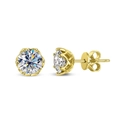 Detailed view of 18k yellow gold stud earrings with 6-prong moissanite setting - Gold White Zirconia