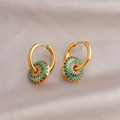 Golden oval hoop earrings featuring a colorful Bohemian style enamel pendant - Patterned Stainless Steel Hoop Earrings / Gold