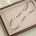 Handmade necklace featuring blue turquoise, white pearls, and gold-plated lobster clasp - Blue Natural Stone Pearl Necklace