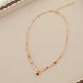 Champagne beaded necklace with freshwater pearls and red zircon gemstone pendant - Square Crystal Freshwater Pearl Necklace