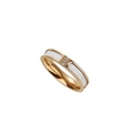 Elegante gouden titanium stalen ring met ingelegde witte schelp en drie fonkelende zirkoon - US 6 / Roségoud