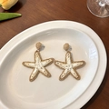 Bohemian woven starfish earrings in cream and white raffia for beach vacation style - Brown
