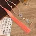 Collana Hanfu tradizionale con perline rosa e ciondolo intagliato in stile giada antica - Rosa