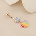 Rose gold belly button ring with rainbow heart pendant and sparkling zircon stone - Enamel Rainbow Heart Rose Gold