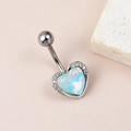 Surgical steel curved belly ring featuring a pale blue heart opal and sparkling zircon accents - Aurora Zirconia Heart Silver