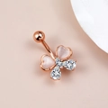 Rose gold belly button ring with four-leaf clover pendant and pink cat eye stones - Four-Leaf Clover (5769996763330) / Rose Gold