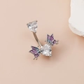 Silver belly button ring with heart zircon and purple enamel butterfly wings - Heart with Wings Zirconia Silver
