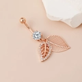 Piercing de ombligo en oro rosa con colgante de hoja y piedras de circonio brillante - Rosa oro
