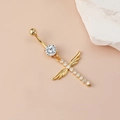 Gold navel ring with crystal cross and angel wings pendant on a stylish pink backdrop - Angel Wing Cross / Gold