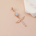 Rose gold belly button ring with angel wings cross pendant and sparkling zircon stones - Angel Wing Cross / Rose Gold