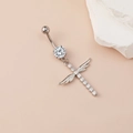 Polished silver belly button ring featuring a crystal cross with angel wings pendant - Angel Wing Cross / Silver