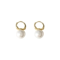 Elegant gold hoop earrings with white round pearl pendants on a clean white background - Gold