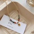 Colorful natural stone beaded necklace with golden square pendant and red gemstone - Square Plate Pendant Natural Stone Beaded Necklace