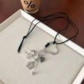 Retro heart keychain necklace with leopard pendant and stone on black adjustable cord - Black