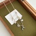 Braided long sweater necklace with white tassel, pearls and silver puppy dog pendant - Dog Tassel / White