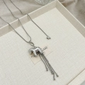 Silver horse pendant necklace with tassel fringes and adjustable snake chain detail - Horse Tassel Long Necklace