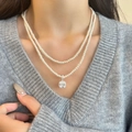 Franse vintage dubbellaagse parelketting met een vierkante zirkonia hanger voor vrouwen - Dubbellaagse Parel Zirconia Hanger Ketting