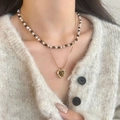 Gelaagde retro ketting met tijgeroog hart hanger en gouden kralen voor vrouwen - Dubbellaagse Hart Tijgeroog Ketting