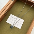Long silver chain necklace with blue glass ball pendant in vintage green velvet box - Blue Glass Bead Necklace