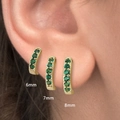Detailed comparison of 6mm, 7mm, and 8mm gold earrings with green cubic zirconia - 6mm / Gold with Green Rhinestone