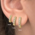 Detailed comparison of 6mm, 7mm, and 8mm gold huggie hoop earrings with white zircons - 6mm / Gold with White Rhinestone