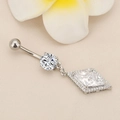 Macro detail of diamond-studded rhombus belly ring with hanging crystal and silver bar - Silver