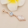 Rose gold diamond belly button ring with a sparkling rhombus dangle and white plumeria flower - Rose Gold