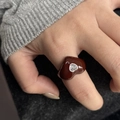Chunky dark brown resin heart ring with sparkling center zircon inlay for women - Chocolate Color Drip Oil Zirconia Heart Style