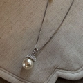 Elegant silver crown pendant necklace with large round white pearl and box chain - Silver Pearl Long Necklace