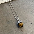 Vintage silver titanium steel necklace with tiger eye stone and pearl crown pendant - Silver Tiger Eye Long Necklace