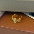 Gold open ring with floral zircon clusters and vintage micro-bead edges - Wide Zirconia Flower (Gold)
