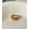 Polished golden stainless steel croissant ring with twisted geometric rope design - US 6 / Braided Style