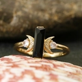 Gold moon obsidian ring with black rectangle gemstone and zircon crescent moon details - US 11 / Gold