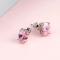 Oval pink opal stud earrings with four-claw silver setting for women fashion - Pink 6*8mm