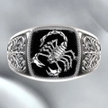 Retro gothic silver mens ring featuring a black scorpion relief and vintage floral patterns - US 7 / Silver Black