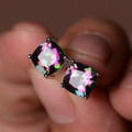 Minimalist square rainbow opal stud earrings with silver four-prong setting - Colorful