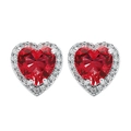 Elegant heart-shaped red zircon stud earrings with pavé diamond halo in silver setting - Red