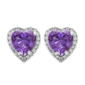 Detail of purple heart-shaped cubic zirconia stud earrings with halo diamond setting - Purple