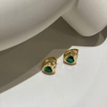 Golden heart earrings with deep green zircon stone inlay in a minimalist design - Ear Buckle / Gold with Green Zirconia