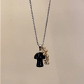 Minimalist titanium necklace with black polished mushroom pendant and gold bead clusters - Obsidian Mushroom