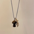 Titanium necklace with brown tiger eye mushroom pendant and gold bead cluster detail - Tiger Eye Mushroom
