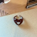 Double-layered wine red enamel heart ring with center zircon in a silver finish - Heart Single Zircon Style / Burgundy with Silver