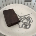 Minimalist vintage dark brown matte leather crossbody bag with silver bead chain - Coffee