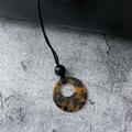 Retro tortoise shell resin circle pendant necklace with black bead and cord - Dark Leopard Style