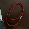 Double-strand long necklace featuring deep red glass pearls and silver metal clasp - Red Beaded Plug-In Style (80cm)