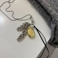 Silver bead chain with golden oval pendant and cluster tassel for bags or sweaters - Bottle and Grape Cluster Necklace / Approx 90cm / Gold