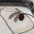 Silver bead chain necklace with burgundy oval pendant and metallic ball clusters - Bottle and Grape Cluster Necklace / Approx 90cm / Burgundy